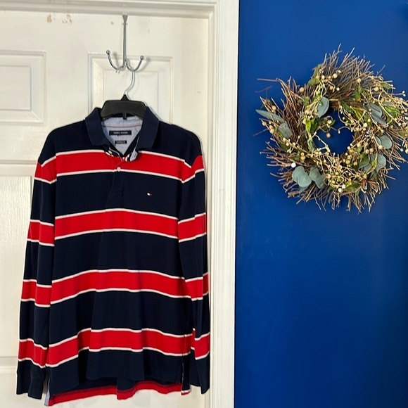 Men’s Tommy Hilfiger Blue & Red Striped Classic Fit Long Sleeve Pullover Size L - Picture 1 of 7
